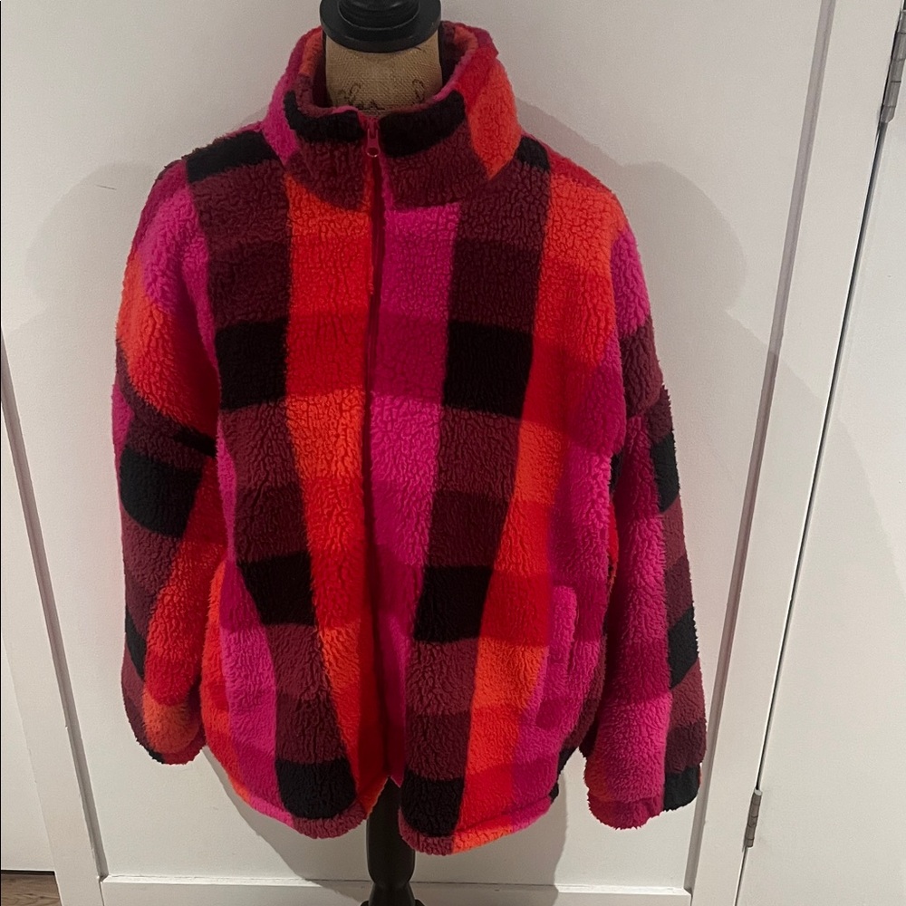 a new day pink and orange plaid Teddy zip front Jacket